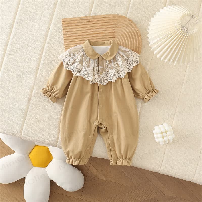 Baby Girl Lace Collar Khaki Romper - Khaki - 18-24M - image 1