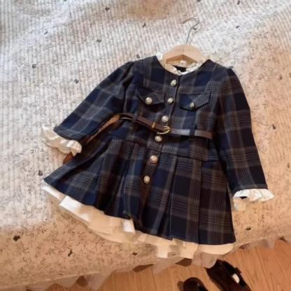 Toddler Preppy Style Plaid Dress with Belt - Dark Blue - 5-6T - image 1