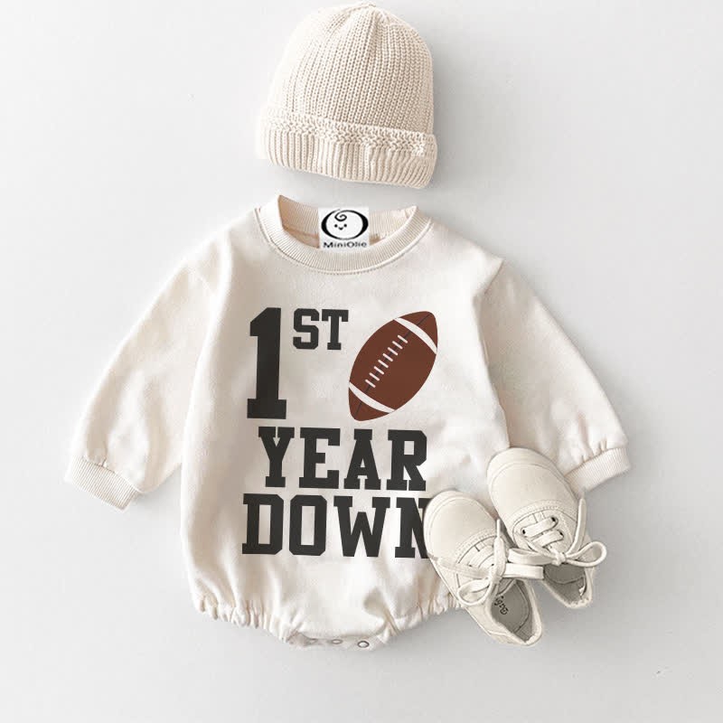 1ST YEAR DOWN Baby Rugby Football White Bodysuit - White - 18-24M - image 1