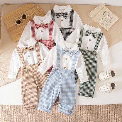 Baby Boy Gentleman Plaid Bodysuit Overalls 2-piece Set - image 1