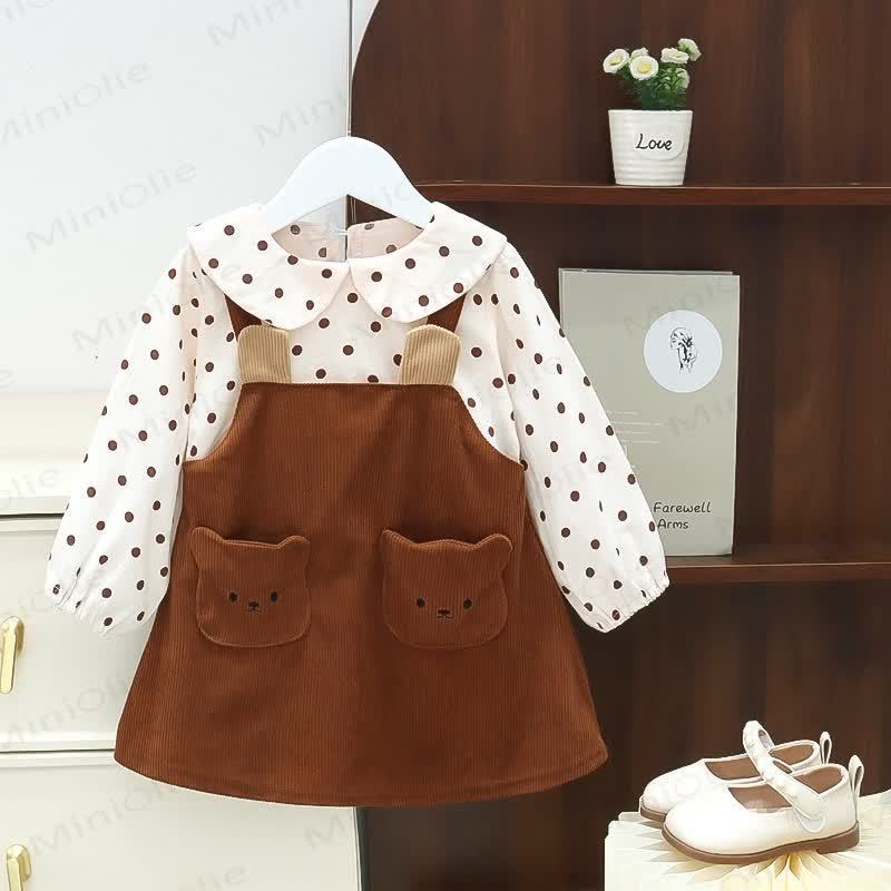 Baby Toddler Dot Bear Fake 2pcs Dress - Brown - 3-5T - image 1