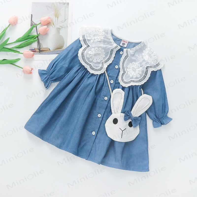 Toddler Girl Lace Collar Dress with Rabbit Bag - Blue - 7-9T - image 1