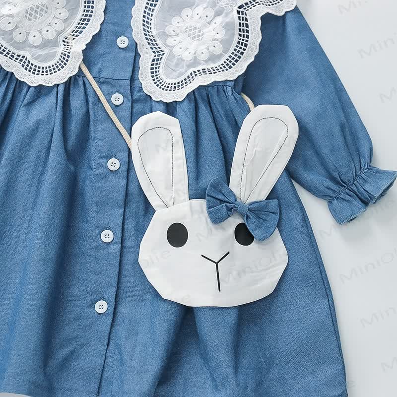 Toddler Girl Lace Collar Dress with Rabbit Bag - image 4