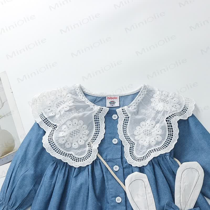 Toddler Girl Lace Collar Dress with Rabbit Bag - image 3