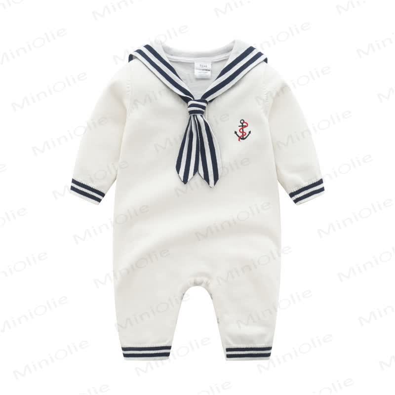 Baby Navy Collar Knitted Romper - White - 18-24M - image 2