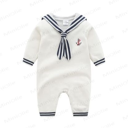 Baby Navy Collar Knitted Romper - White - 18-24M - image 2
