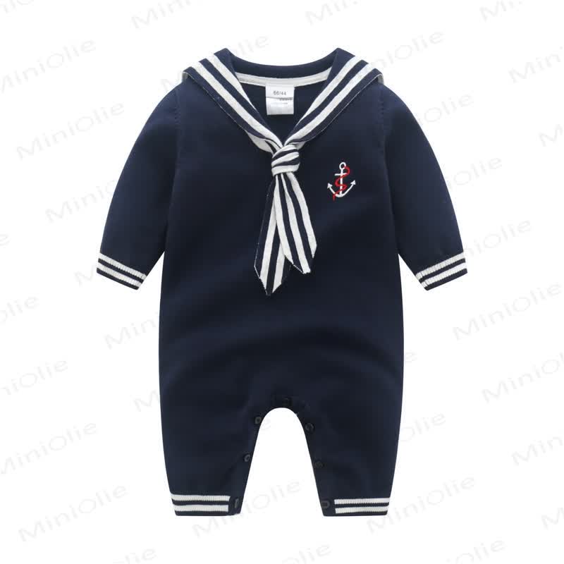 Baby Navy Collar Knitted Romper - Navy Blue - 18-24M - image 4