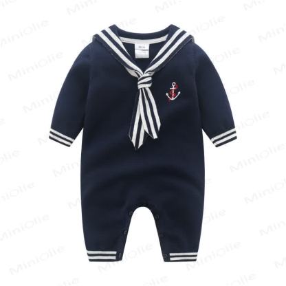 Baby Navy Collar Knitted Romper - Navy Blue - 18-24M - image 4
