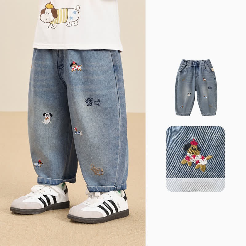 Baby Toddler Puppy Embroidered Denim Pants - image 1