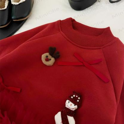 Christmas Snowman Deer Bow Long Sleeve Mid-long Dress - image 4