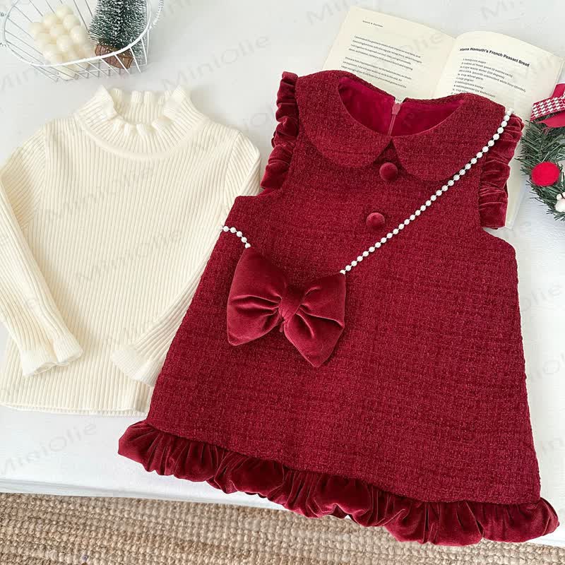 Toddler Solid Color Red Velvet Dress with Bow - Red - 5-7T - image 2