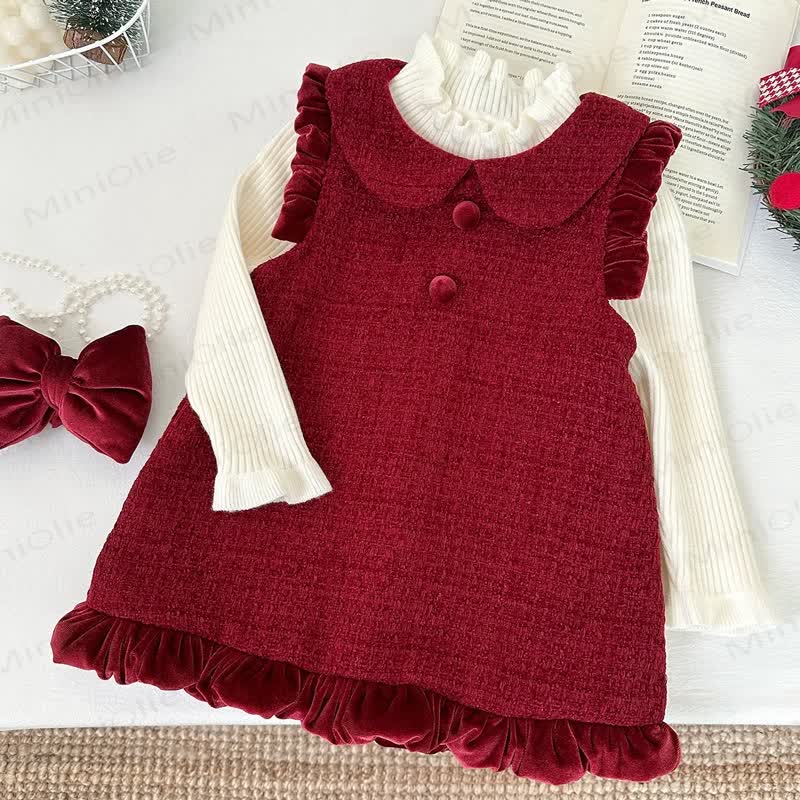Toddler Solid Color Red Velvet Dress with Bow - image 1