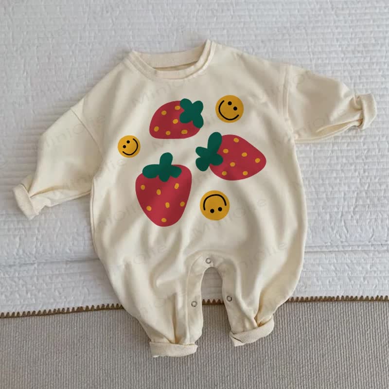 Baby Strawberry & Smiley Face Beige Romper - Beige - 2-3T - image 1