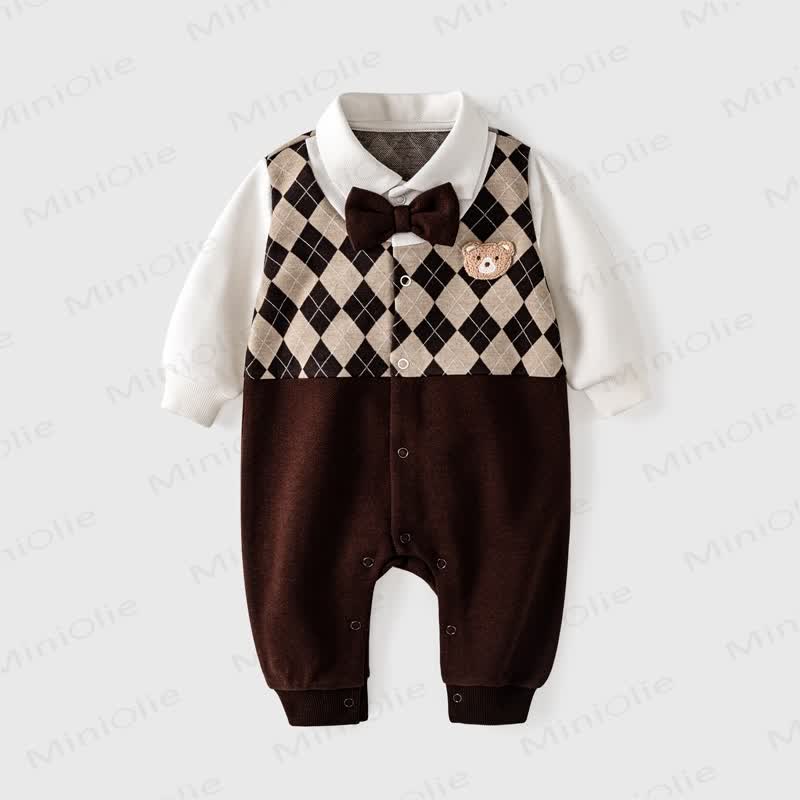 Baby Boy Bear Diamond Plaid Romper - Coffee - 18-24M - image 1