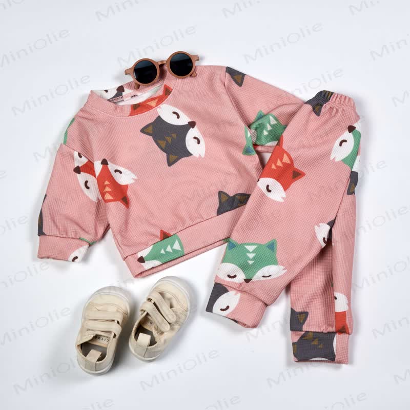 Baby Waffle Colored Cartoon Fox 2-piece Set - Pink - 18-24M - image 1