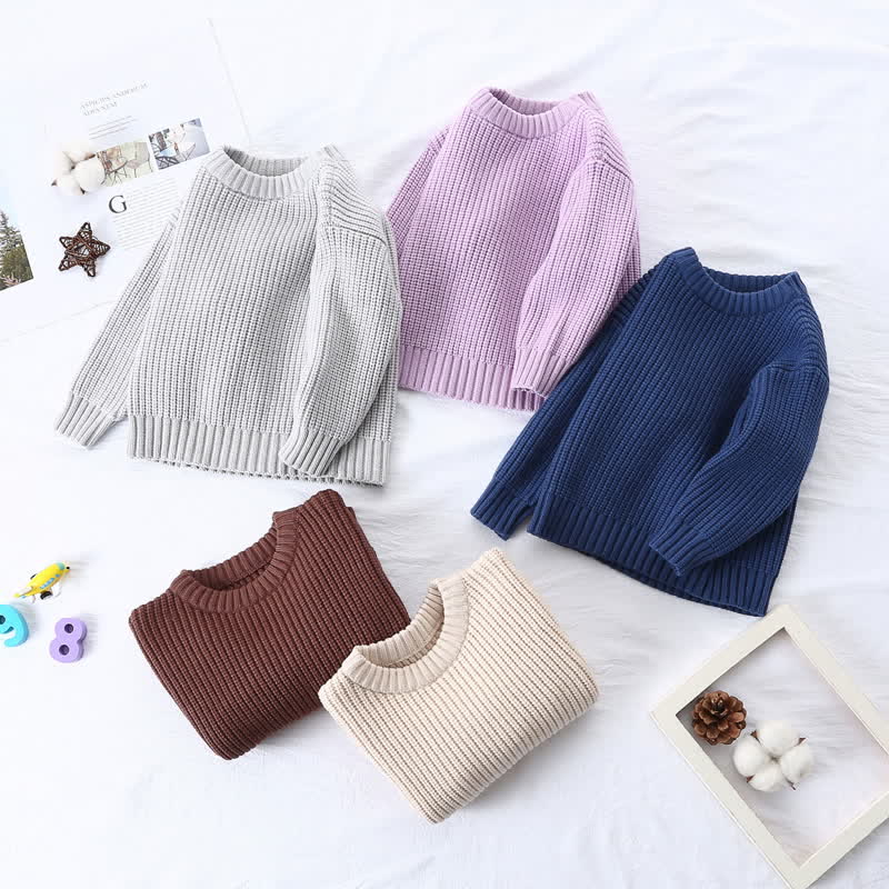 Kid Solid Color Crew Neck Knitted Sweater - image 1