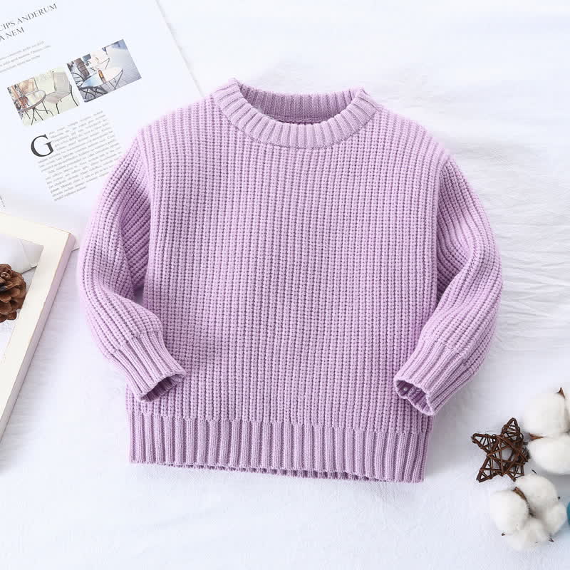 Kid Solid Color Crew Neck Knitted Sweater - Purple - 8Y - image 2