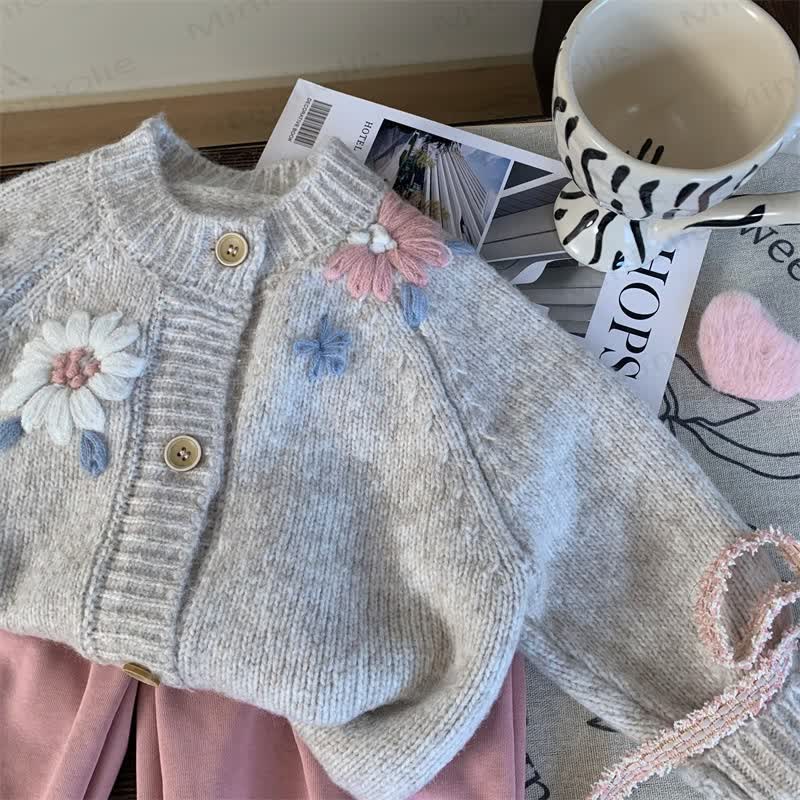 Toddler Kid Girl Flower Knitted Grey Sweater/Leggings - Grey Sweater - 12Y - image 3