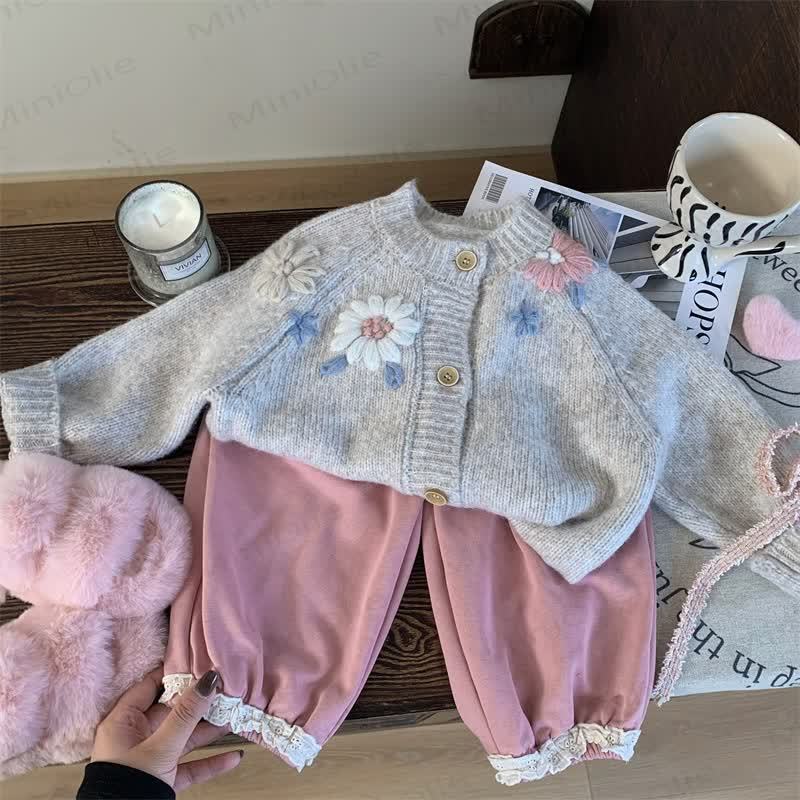 Toddler Kid Girl Flower Knitted Grey Sweater/Leggings - image 2