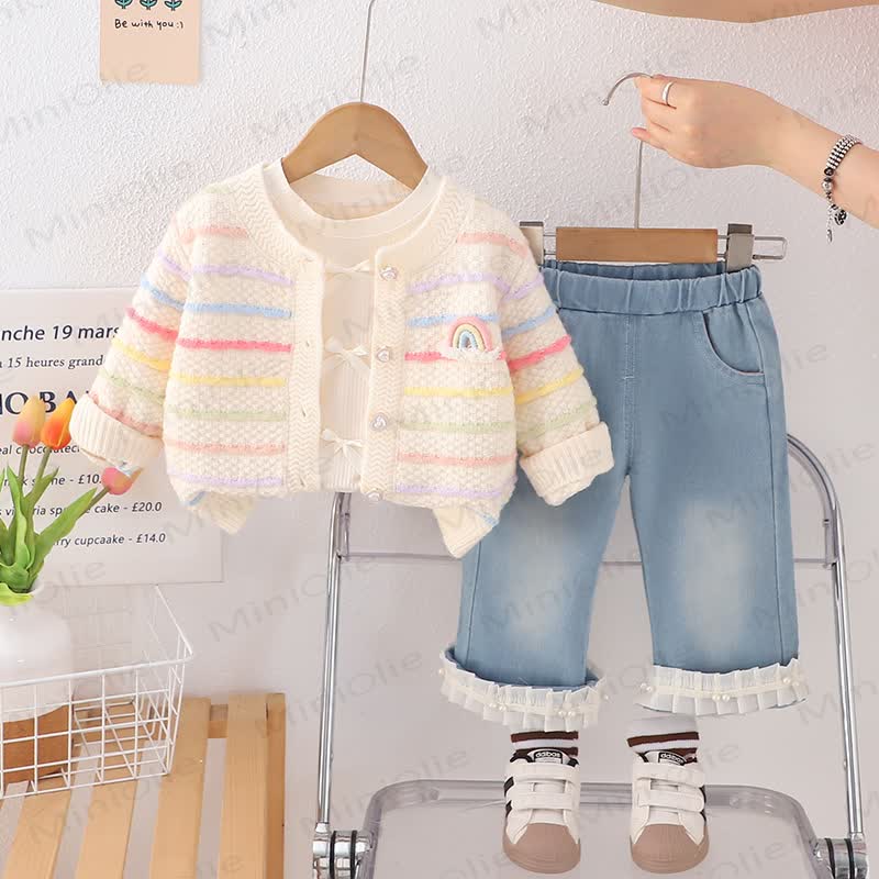 Baby Toddler Girl Bows Rainbow Knitted Sweater 3-Piece Set - Beige - 3-5T - image 2