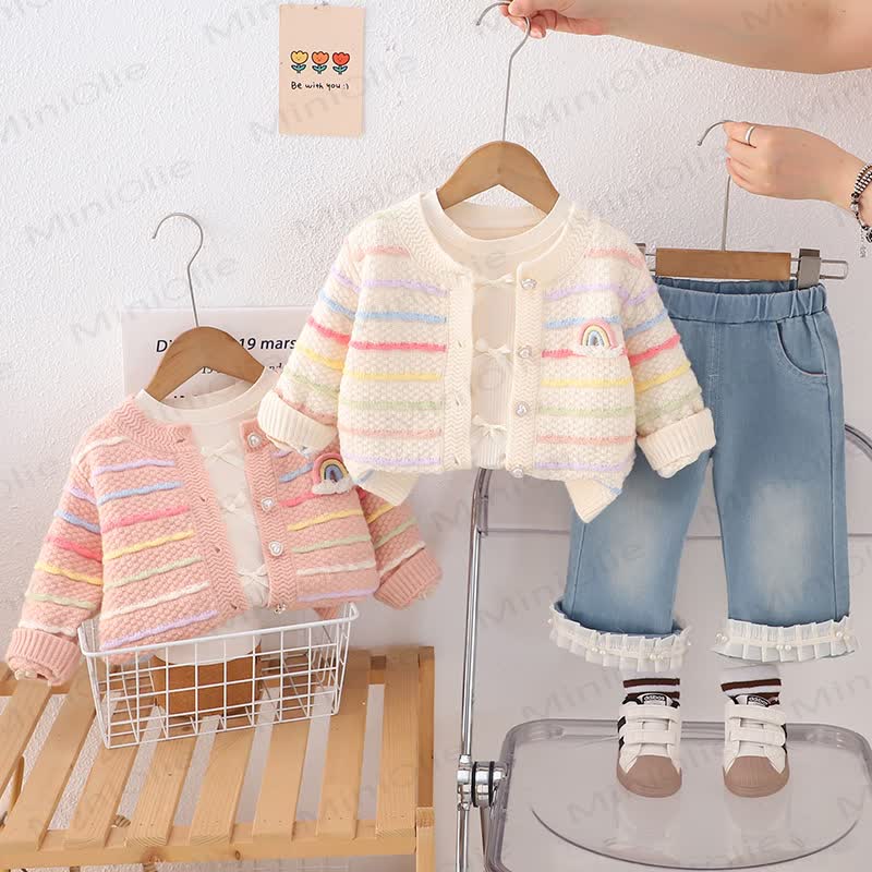 Baby Toddler Girl Bows Rainbow Knitted Sweater 3-Piece Set - image 1