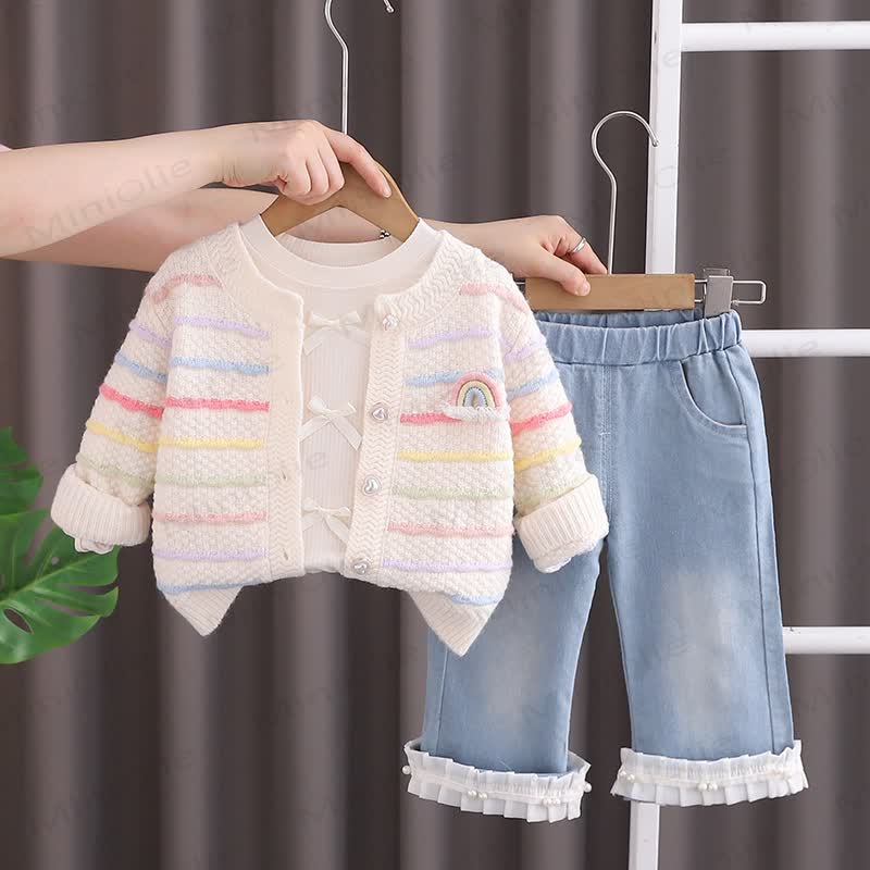 Baby Toddler Girl Bows Rainbow Knitted Sweater 3-Piece Set - image 4