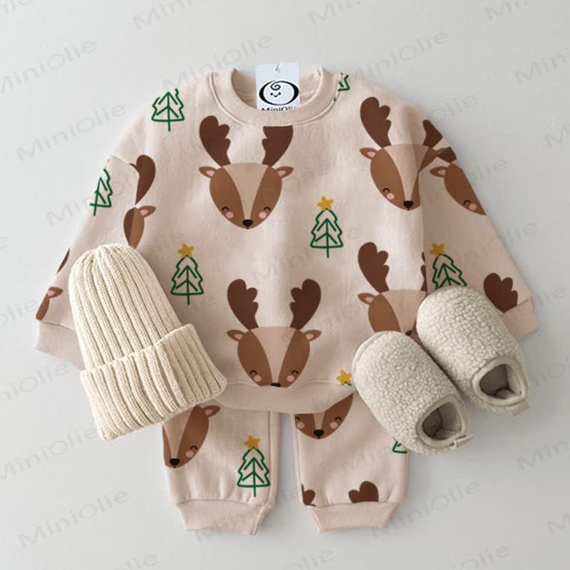 Baby Deer & Christmas Tree 2-piece Beige Set - Beige - 2-3T - image 1