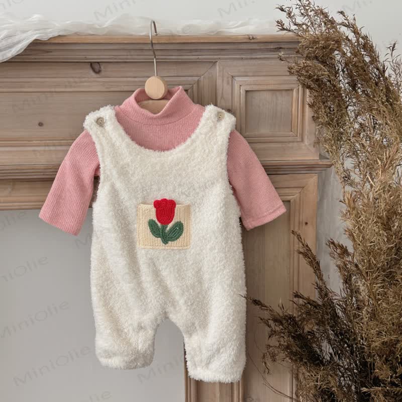 Baby Girl Flower Fleece 2-piece White Romper Set - image 3