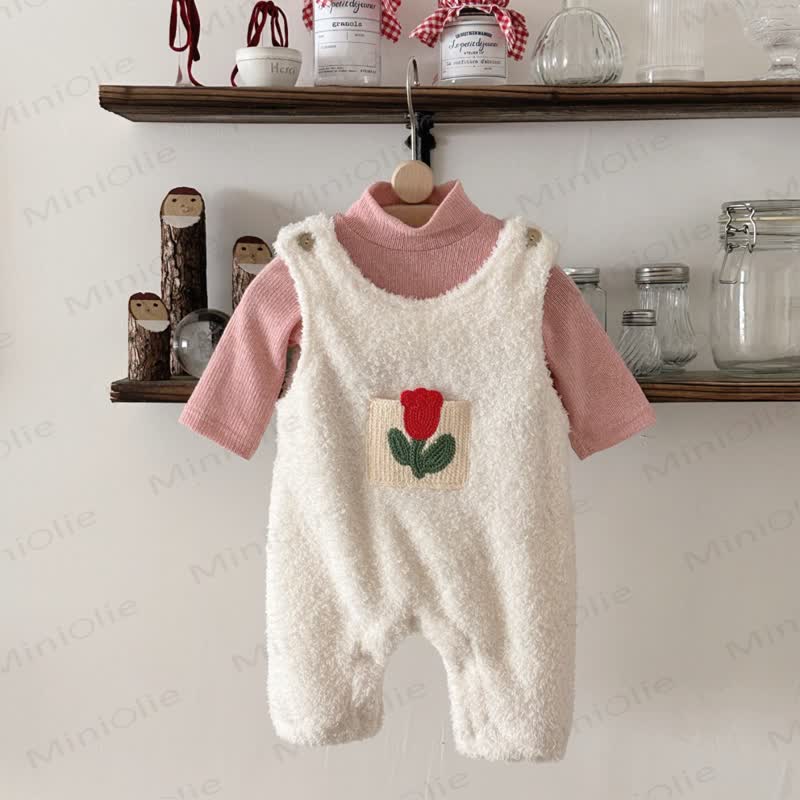 Baby Girl Flower Fleece 2-piece White Romper Set - image 4