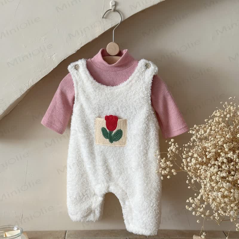 Baby Girl Flower Fleece 2-piece White Romper Set - image 2