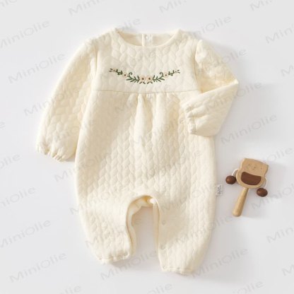 Baby Girl Embroidered Flower Quilted Romper - Beige - 18-24M - image 1