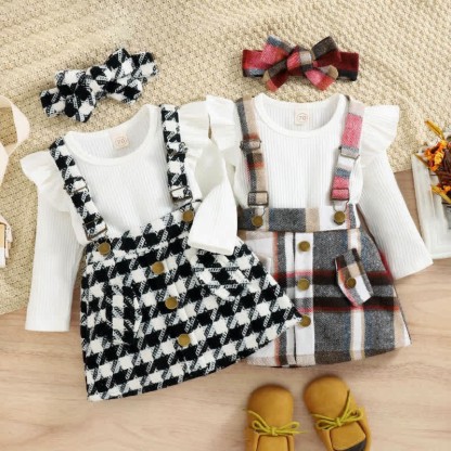 Baby Black White Plaid Suspender Skirt 2-piece Set - image 1