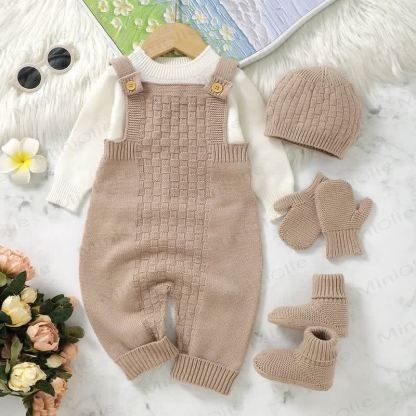 Baby Solid Color Knit Romper with Hat Socks Gloves - image 1