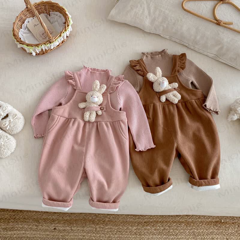 Baby Toddler Girl Solid Color Fleece Flying Sleeves Overalls - image 2