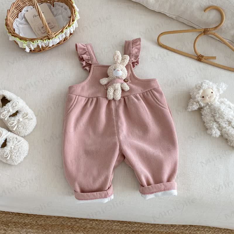 Baby Toddler Girl Solid Color Fleece Flying Sleeves Overalls - Pink Overalls - 5-7T - image 3