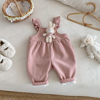 Baby Toddler Girl Solid Color Fleece Flying Sleeves Overalls - Pink Overalls - 5-7T - image 3