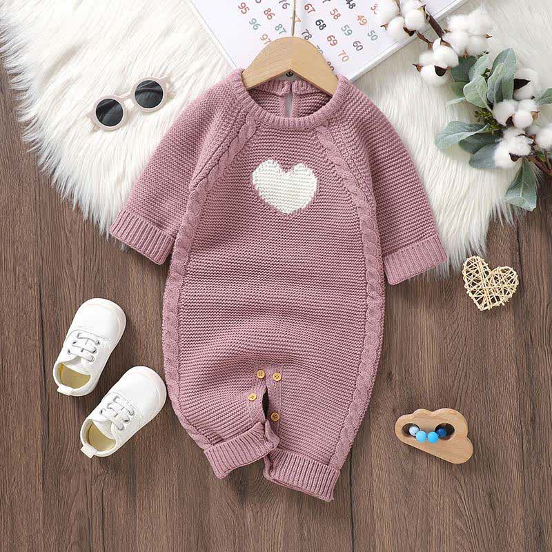 Baby Heart Knit Romper with Socks Gloves - Pink - 12-18M - image 1