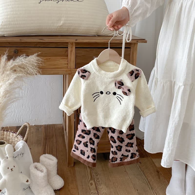 Baby Toddler Girls Leopard Cat Bow 2-piece Set - White - 2-3T - image 1