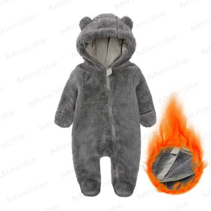 Baby Fleece Solid Color Hooded Romper - Grey - 9-12M - image 2