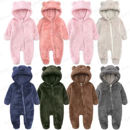 Baby Fleece Solid Color Hooded Romper - image 1