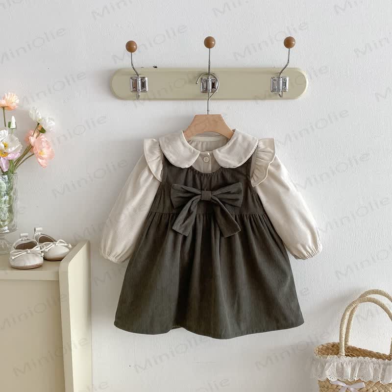 Toddler Girl Cord Bow Green Sleeveless Dress/Beige Baby Collar Top - image 1