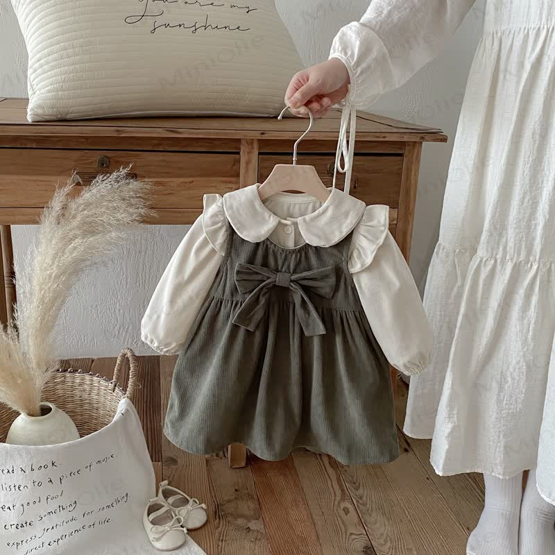 Toddler Girl Cord Bow Green Sleeveless Dress/Beige Baby Collar Top - image 2