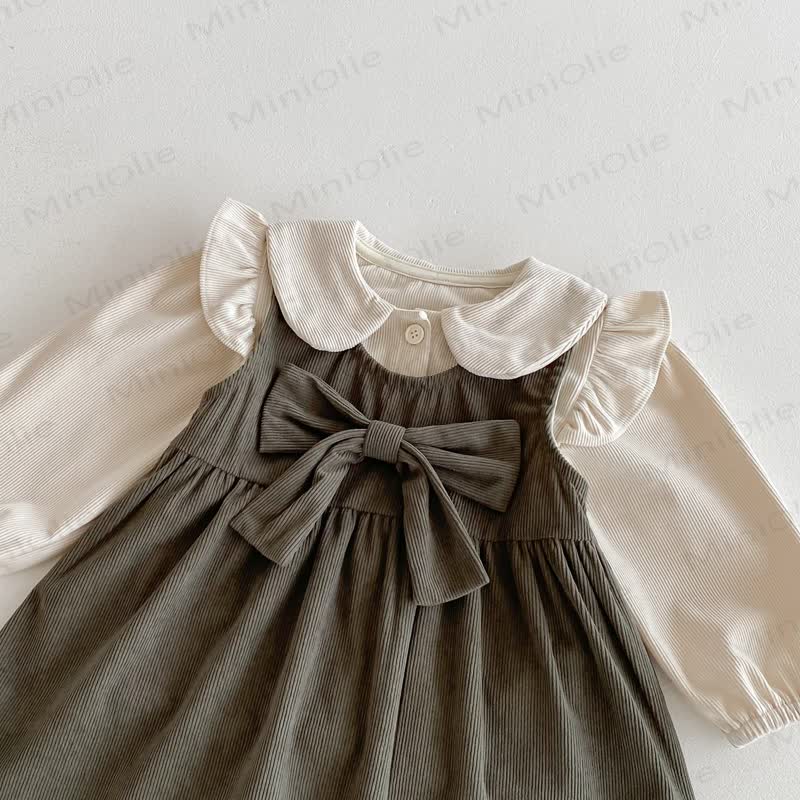 Toddler Girl Cord Bow Green Sleeveless Dress/Beige Baby Collar Top - image 6