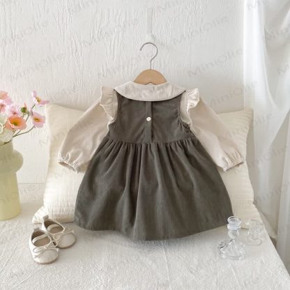 Toddler Girl Cord Bow Green Sleeveless Dress/Beige Baby Collar Top - image 5