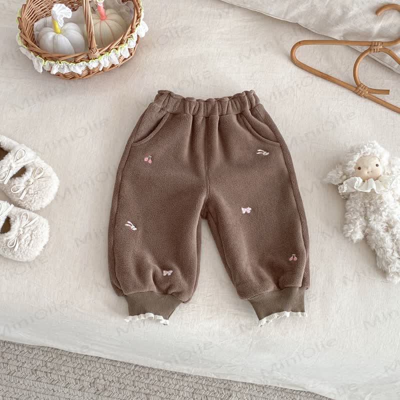 Baby Toddler Girl Embroidered Bow Rabbit Fleece Jogger Pants - Coffee - 5-7T - image 2