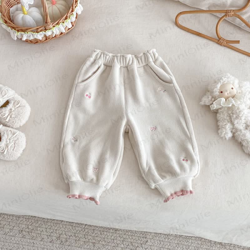 Baby Toddler Girl Embroidered Bow Rabbit Fleece Jogger Pants - Beige - 5-7T - image 4