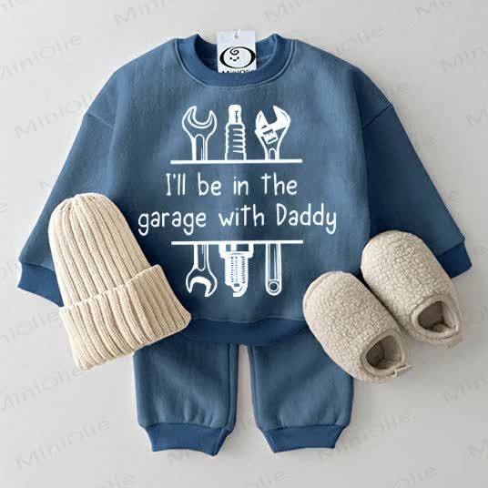 I'LL BE IN THE GARAGE WITH DADDY Baby Sweatshirt 2-piece Blue Set - Blue - 2-3T - image 1