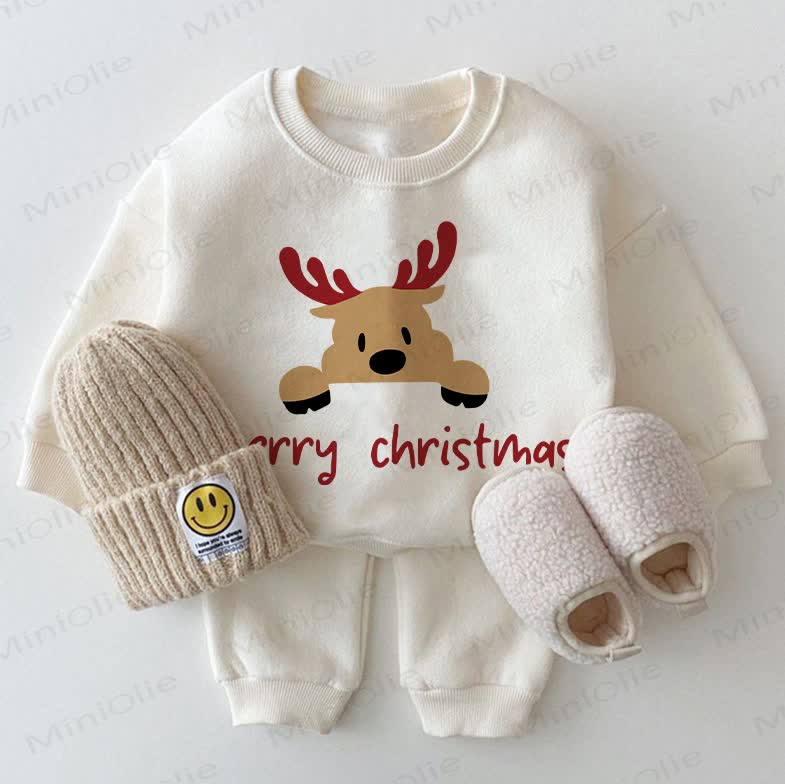 MERRY CHRISTMAS Baby Reindeer Sweatshirt 2-piece White Set - White - 2-3T - image 1