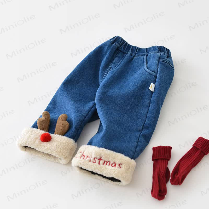 CHRISTMAS Baby Denim Deer Fleece Lined Pants - image 1