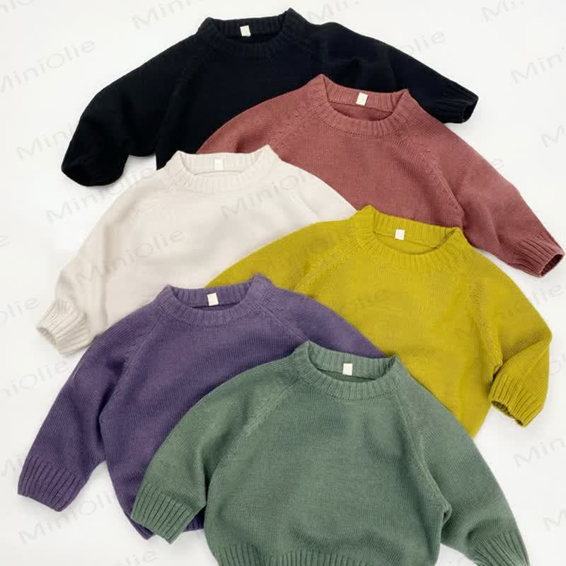 Kid Solid Color Round Neck Knitted Sweater - image 1